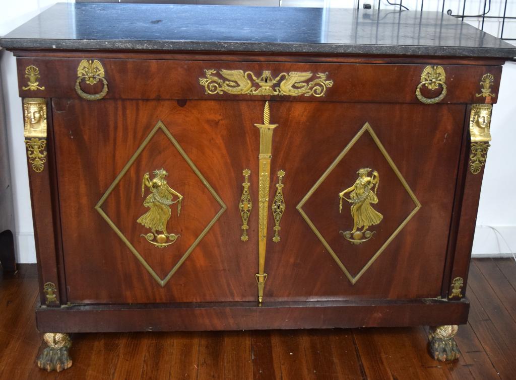 FRENCH EMPIRE MARBLE TOP & ORMOLU CHEST:: Ca 1815. Attributed to Charles-Joseph Lemarchand (France 1758-1826). Mahogany with dark marble top. Single top drawer with Egyptian swan ormulu decoration and eagle and wreath pulls. Three interior dr