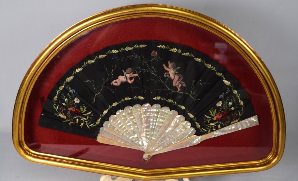 FRENCH BENJAMIN LACHELIN SILK FAN FRAMED:: Attrib. Benjamin Lachelin fan. 19th century hand painted French fan with mother-of-pearl, mounted fan in gilt shadowbox frames, embroidered silk with hand painted cherubs, butterfly and branches. Unsi
