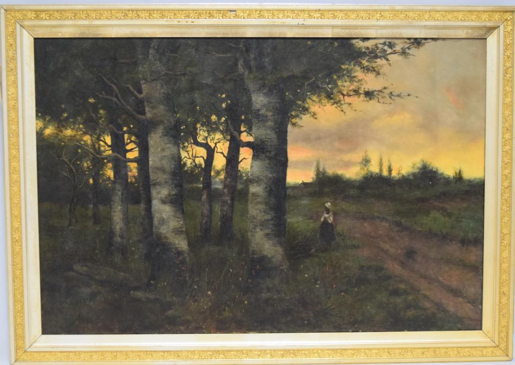 FRENCH SCHOOL WOMAN IN WOODS PAINTING: Ca 19th/20th. Oil on canvas, with later gold gilt frame. Image 36 inches x 24 inches. Young woman in woods at sunset. Overall 29 x 41 inches. Unsigned. Good condition.