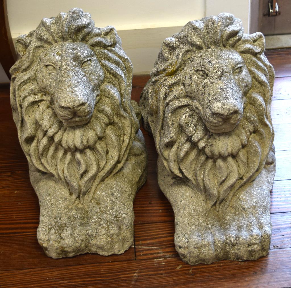 PAIR OF RECLINING CEMENT GARDEN LIONS:: 20th century. Approximately 21 x 15 inches. Good condition.