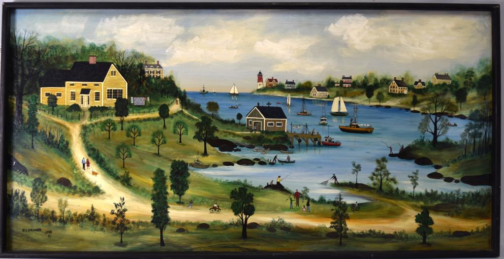 1998 JANET L. MUNRO LARGE FOLK ART PAINTING:: American born 1949. Cape Ann view of the coast. Oil on board. Image 48 inches x 24 inches. Original black frame. Good condition