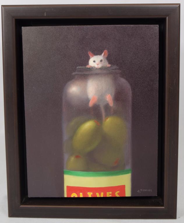 STUART DUNKEL OIL ON BOARD OLIVE JAR:: Whimsical oil on board of a small white mouse in a jar of olives. Self framed, Signed lower right. Titled and signed on the back. Image 8 inches x 6 inches. Stuart Dunkel, Massachusetts artist and mus