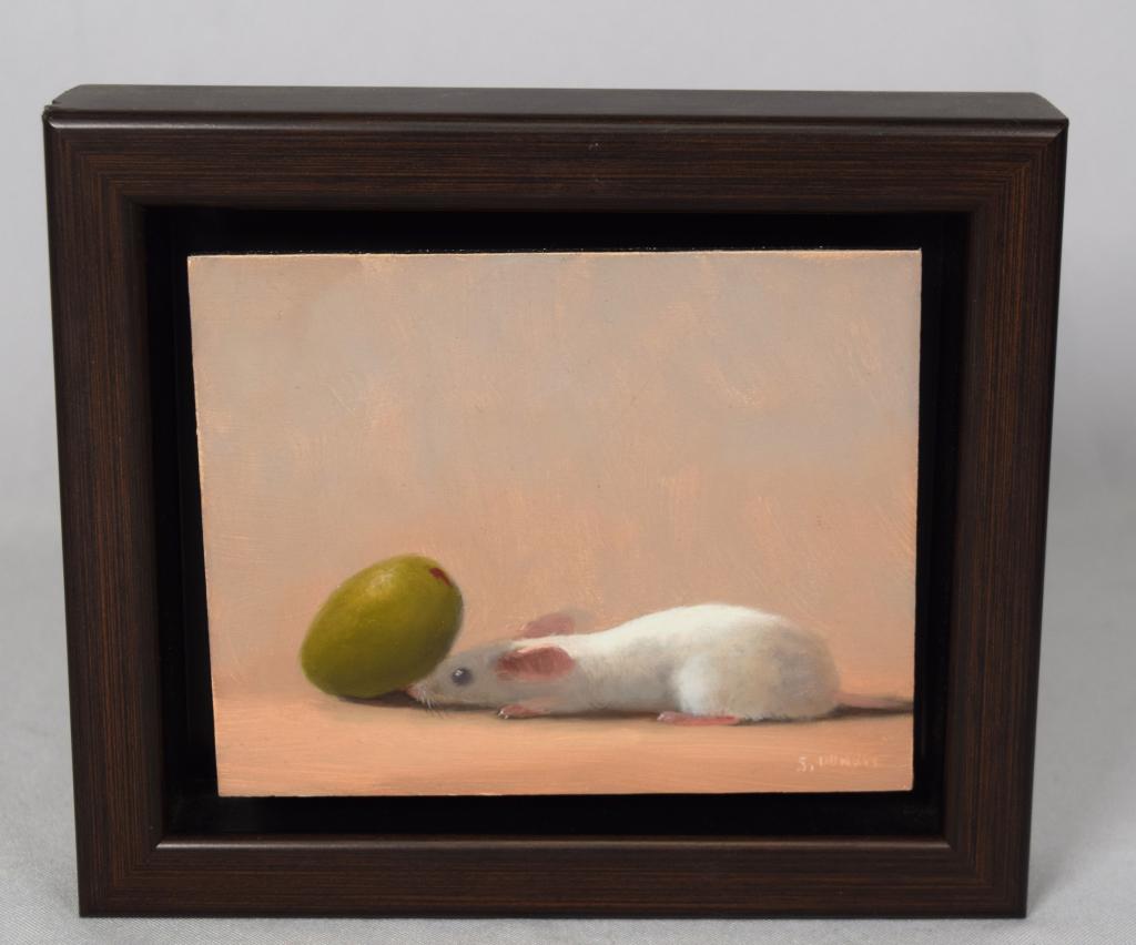 STUART DUNKEL MOUSE WITH OLIVE:: Whimsical oil on board of a small white mouse with a green olive. in a jar of olives. Self framed, Signed lower right. Titled and signed on the back. Image 4 inches x 5 inches. Stuart Dunkel, Massachu