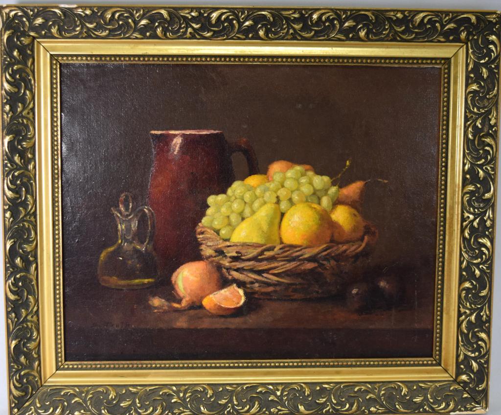 DANIEL TRUTH STILL LIFE PAINTING:: Oil on canvas still life. Basket of fruit on table with stoneware jug and glass cruet. Daniel Truth (born 1949) was active in Connecticut and Michigan and is known for figure and genre. Signed lower l