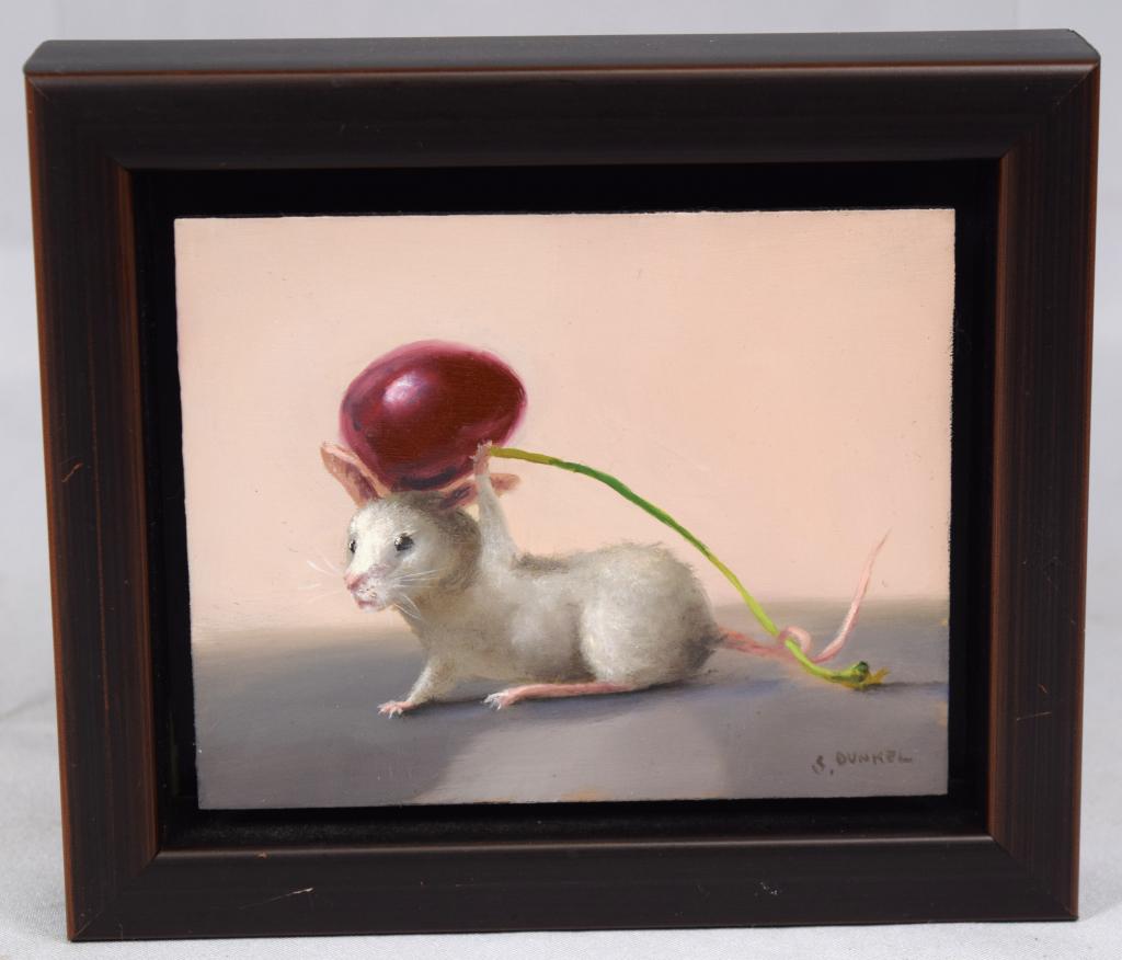 STUART DUNKEL MOUSE WITH CHERRY PAINTING: Whimsical oil on board of a small white mouse with a cherry. Self framed, Signed lower right. Titled and signed on the back. "Prize Cherry". Image 4 inches x 5 inches.Stuart Dunkel, Massachusetts arti