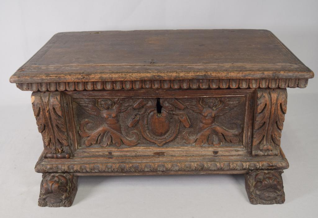 18TH C MINIATURE CONTINENTAL CARVED WOOD CASKET :: Small ornately carved wooden casket. Perhaps Italian or Spanish, ca 18th/ early 19th century. Front panel carved with two mermaids, shield and scrolls, carved rims top and bottom. Carved acanthus leav