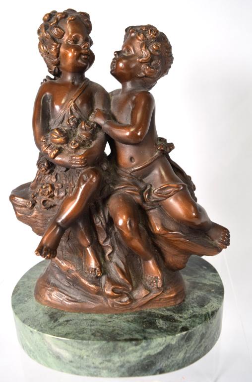 AFTER AUGUSTE MOREAU BRONZE CHILDREN:: Auguste Moreau (French, 1834-1917), sculpture of two children, bronze, green marble base. Signed, 8 1/2" h. Good condition.