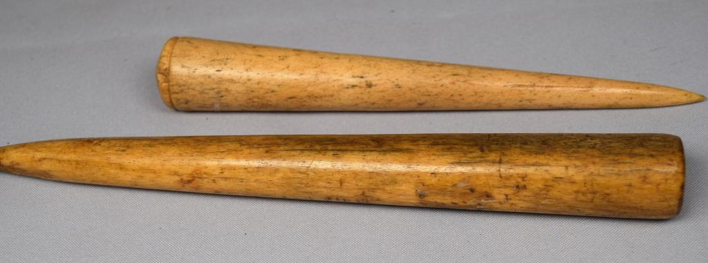 TWO LARGE WHALE BONE FIDS: ca 19th/20th century. Both antique. Largest 9 1/2 inches and the other 8 inches. Original patina. Good condition.