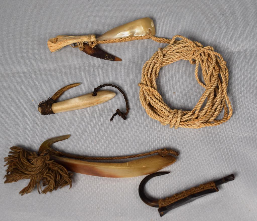EARLY SAMOAN FISHING LURES & HOOKS: Four pieces. Longest 4 1/4 inches long and the smallest 2 3/4 inches. Made with various shells and tortoise shell.