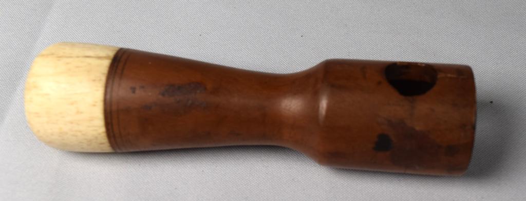WHALEBONE HELM WHEEL SPOTTER: Approx. 5 12 inches long. 19th century. Turn wood and whale bone handle. Good condition.