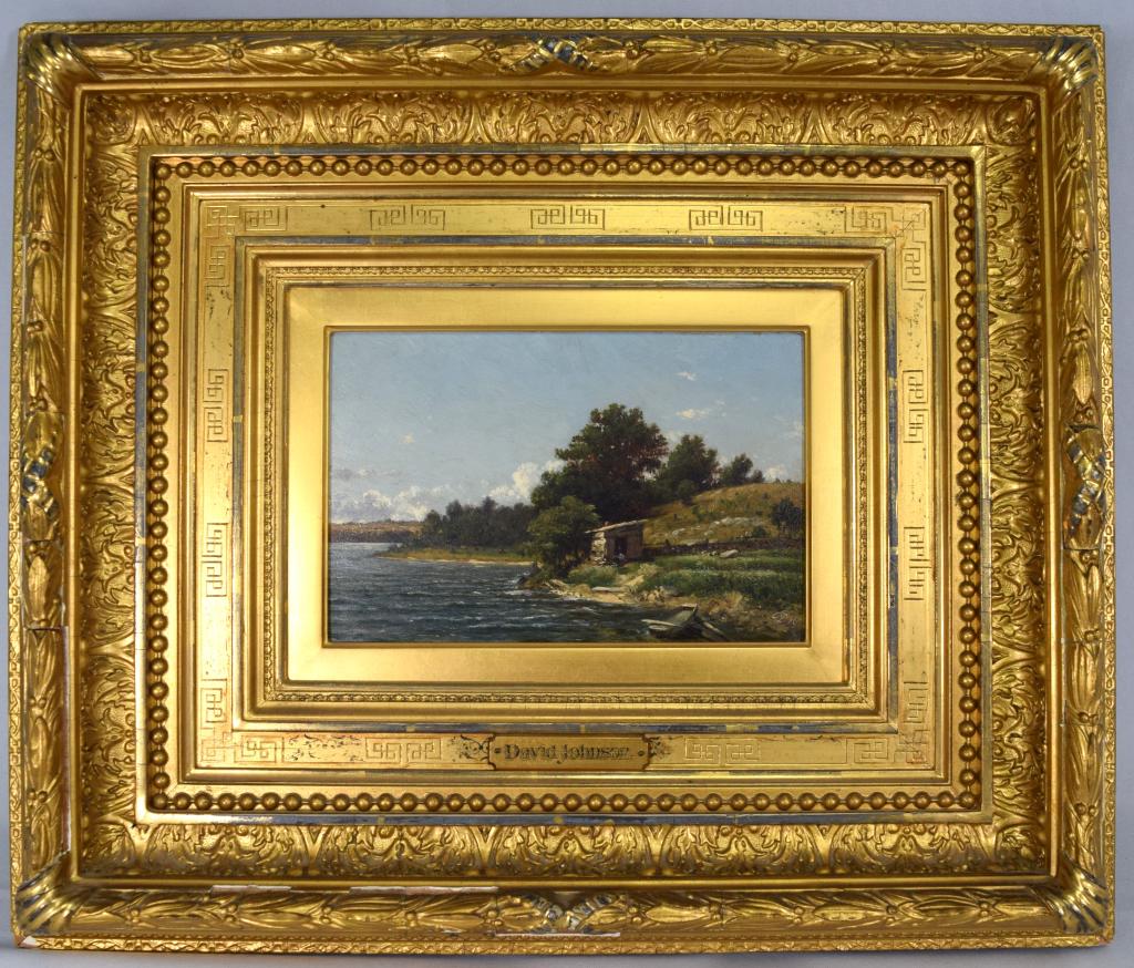 19th C DAVID JOHNSON OIL PAINTING 1876:: David Johnson (NY 1827-1908). Lake coast landscape, oil on board. David Johnson was a landscape painter based in New York City and associated with the second generation of Hudson River School painters