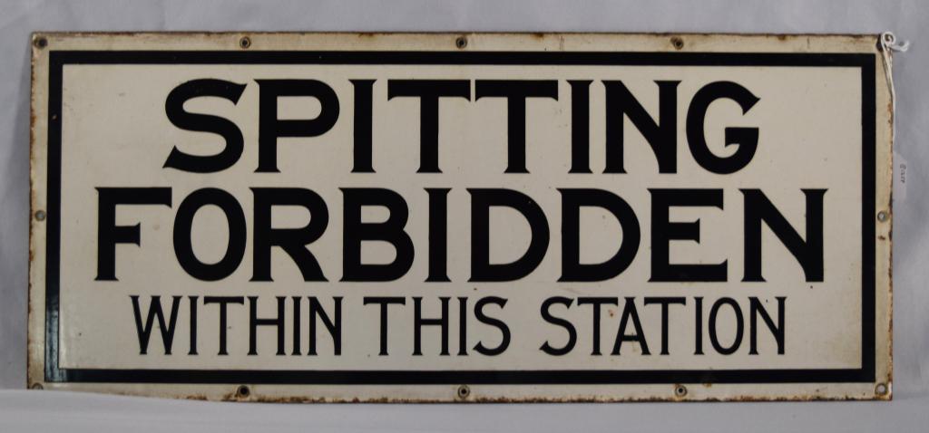 ENAMEL PORCELAIN SUBWAY SPITTING SIGN:: Metal and enamel black and white porcelain subway sign. 30 inches x 13 inches. One sided. Minor rust on edges. Good condition.