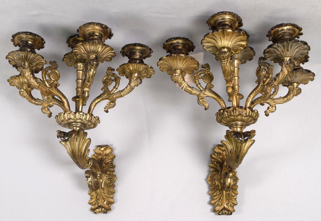 PAIR FRENCH SILVERED BRONZE CANDLE SCONCES: (1 of 6)