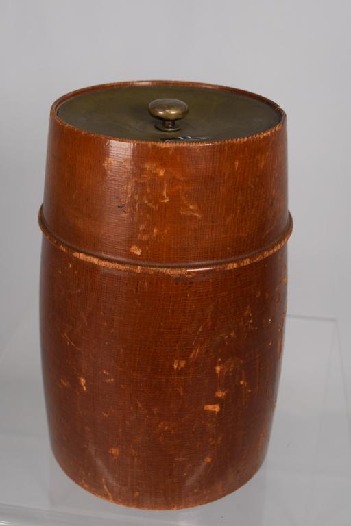 JACOB TOSTRUP PRESENTATION CIGAR HOLDER HUMIDOR: Marked Tostrup Norway. 7 inches tall with brass top with presentation Eric E. Johnson Engelhardt with enamel bar. Good condition.