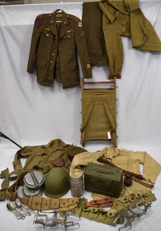 22-PLUS PIECES WWII ARMY UNIFORM & GEAR: consists of cap (Leather worn), Size 38 jacket with badges (Minor moth damage), 2 long sleeve shirt, size 32 sleeve shirt, long pants 34 x 31, 2 ammo belts, 2 belt, bayonet holder, Steel helmetwith or