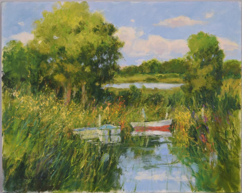 ROGER BARRON ROW BOAT PAINTING: Oil on board. Colorful pond with row boats painting. Image 16 inches x 20 inches, unframed. Roger Barron (1938 - 2017) was active/lived in Massachusetts, Maine. Roger Barron is known forplein-air impr
