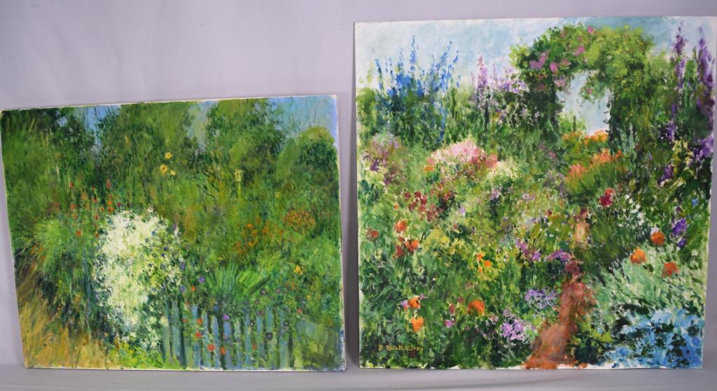 2 ROGER BARRONS UNFRAMED OIL PAINTING: Oil on board & oil on canvas. Image 16 x 20 inches, unframed Fence and flowers. 2) Flower pathway with arch. Roger Barron (1938 - 2017) was active/lived in Massachusetts, Maine. RogerBarron is known f