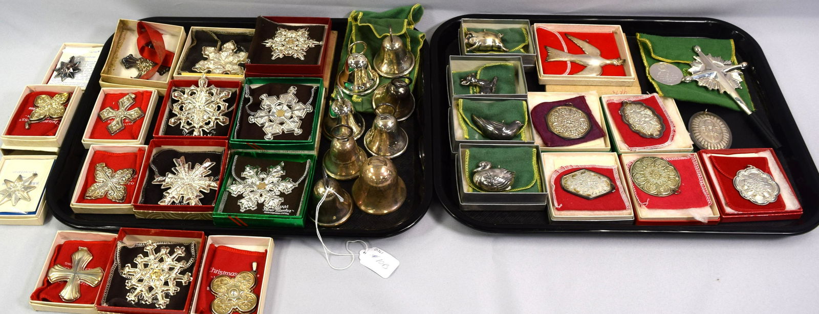 37 STERLING SILVER CHRISTMAS & ETC. ITEMS: Consisting of eight sterling bells, 1971, 1972, 1973, 1974, 1976, 1978, 1979 and wedding bell ith monogrammed. Approx. 10.35 troy ounces. Reed & Barton chrismas crosses, 1977, 1977, 1978, 1980,1981, 1
