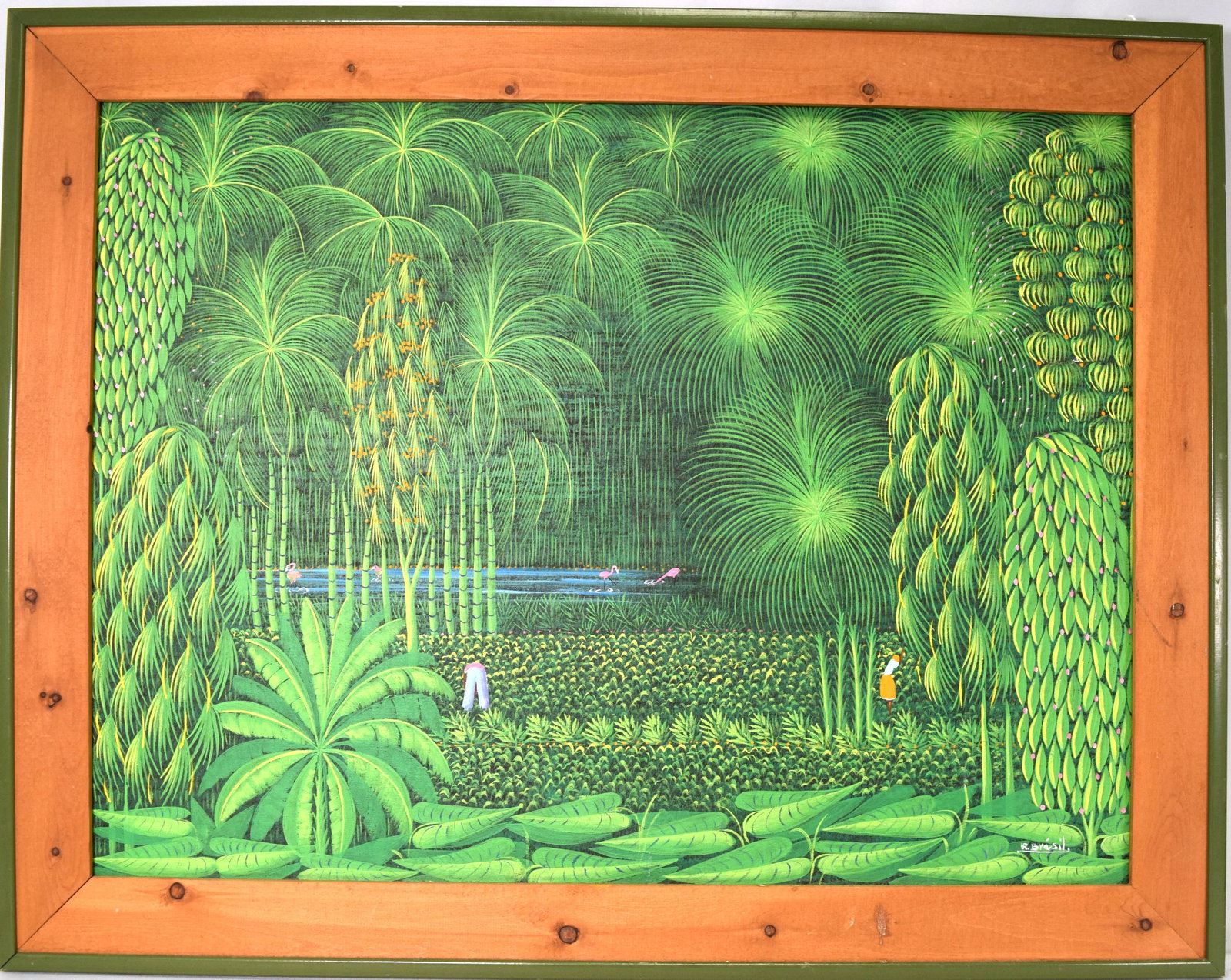 HENRI ROBERT BRESIL HAITIAN OIL ON CANVAS: Henri Robert Bresil Listed artist (Haitian 1952-1999). Very colorful oil with palm trees and tropical plants, flamingos in a small pond. Figures working. Signed lower right HR Bresil.Image 32 inches x