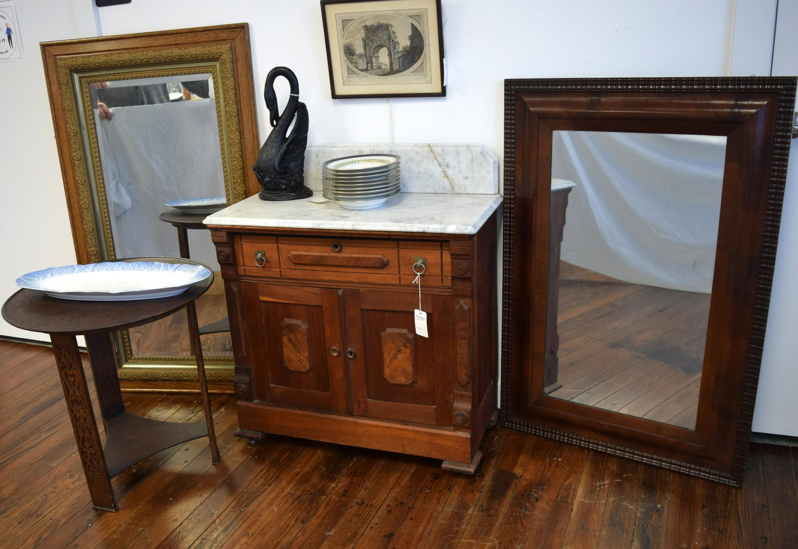 ASSEMBLED VICTORIAN FURNITURE & ETC: Consisting of 1) 9 CHARLES AHRENFELDT LIMOGES BOWLS FOR OVINGTON BOWLS. Good condition. 2) OAK ARTS & CRAFTS STYLE DISH TOP SIDE TABLE: Round dish oak top with three legs. Filigree type legs.Ca 19th/2