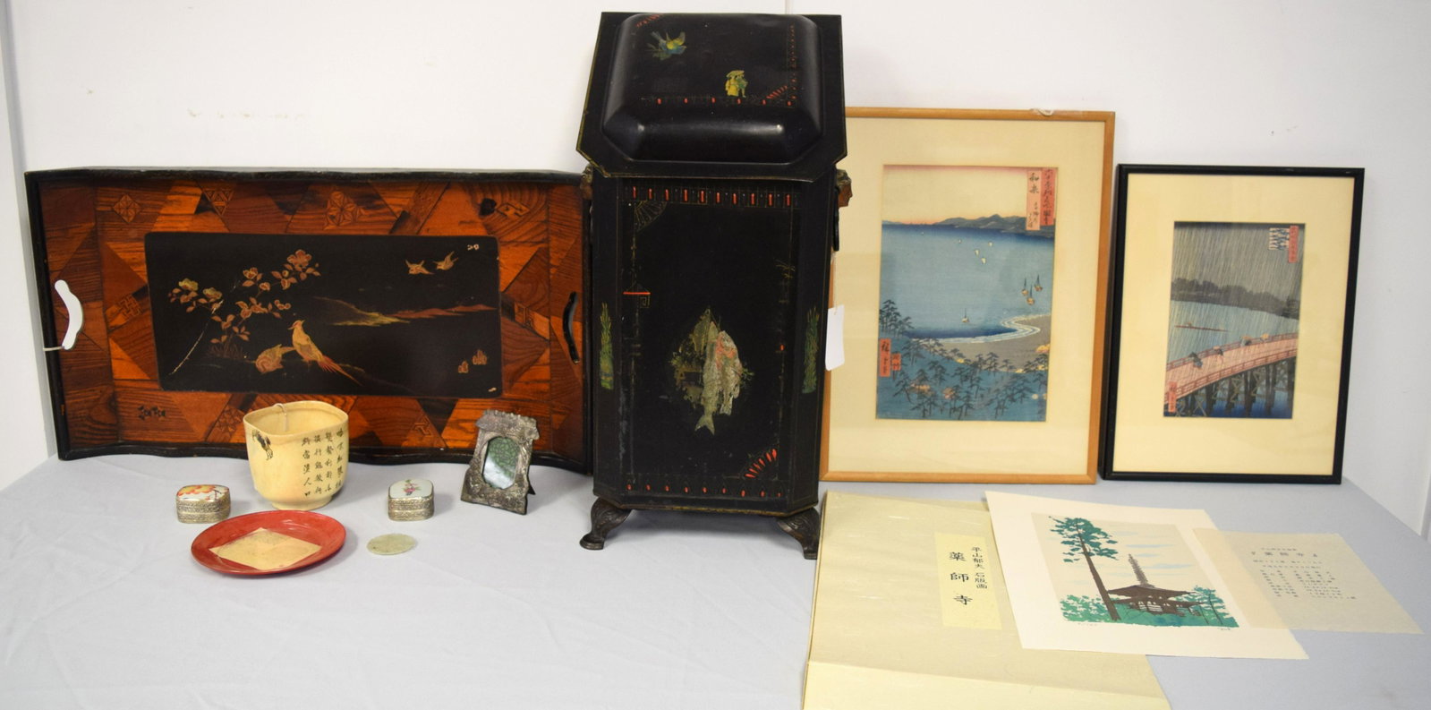 ASSEMBLED ORIENTAL ITEMS: Consisting of 1) INLAID LACQUERED ORIENTAL WOODEN TRAY: 19th/20th century. Lacquered center with birds. Surround with inlaid and marquetry. Lacquered edges with painted accents, 29 inches x16 inches. 