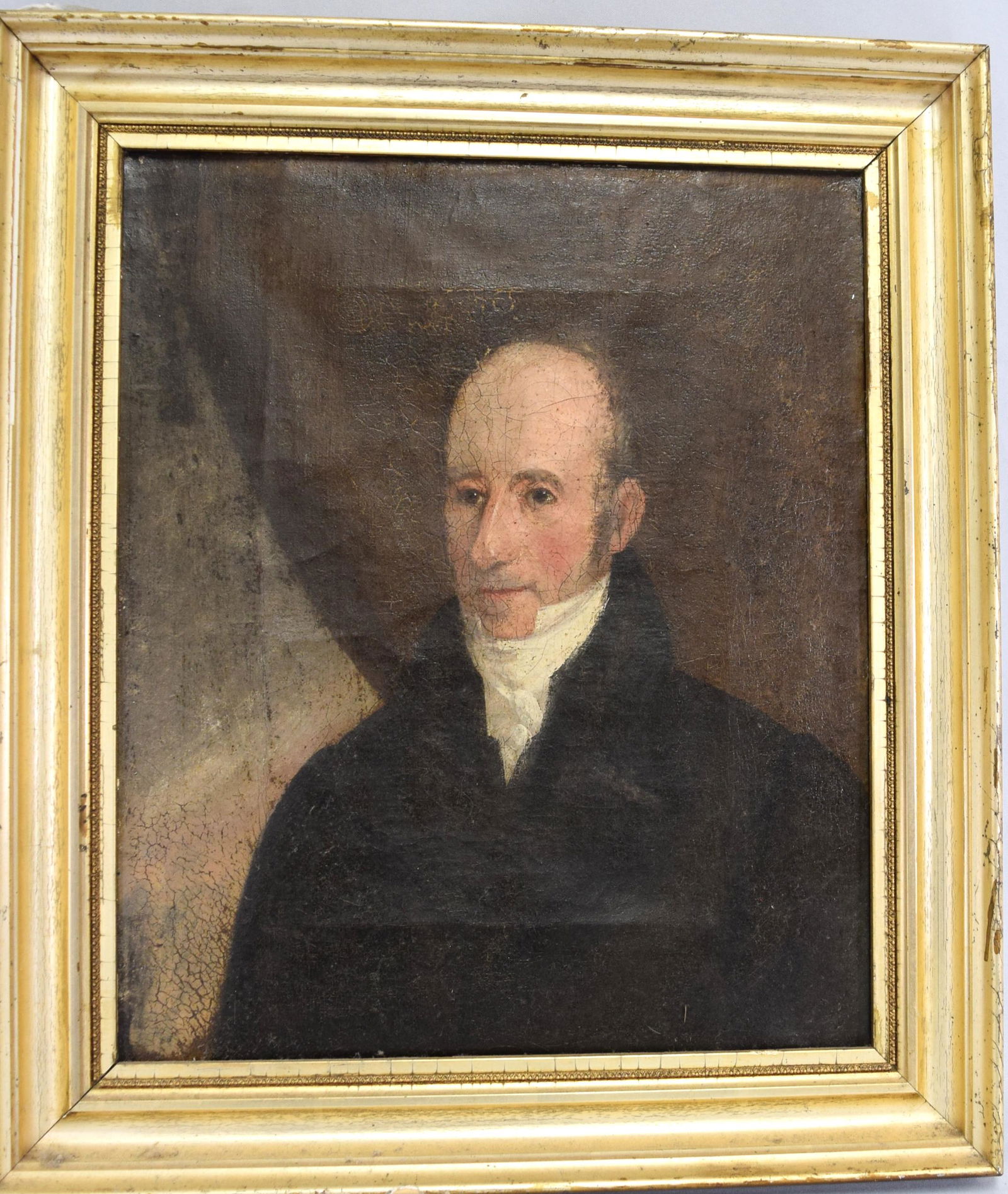 18TH/19c MALE PORTRAIT OIL PAINTING: In the manner of James Sharples 1751-1811. Marked on stretcher Henry Burroughs (Sitter). Image 13 inches x 15 inches. Oil on canvas. Later frame. Unsigned. Cracquelure and relined.