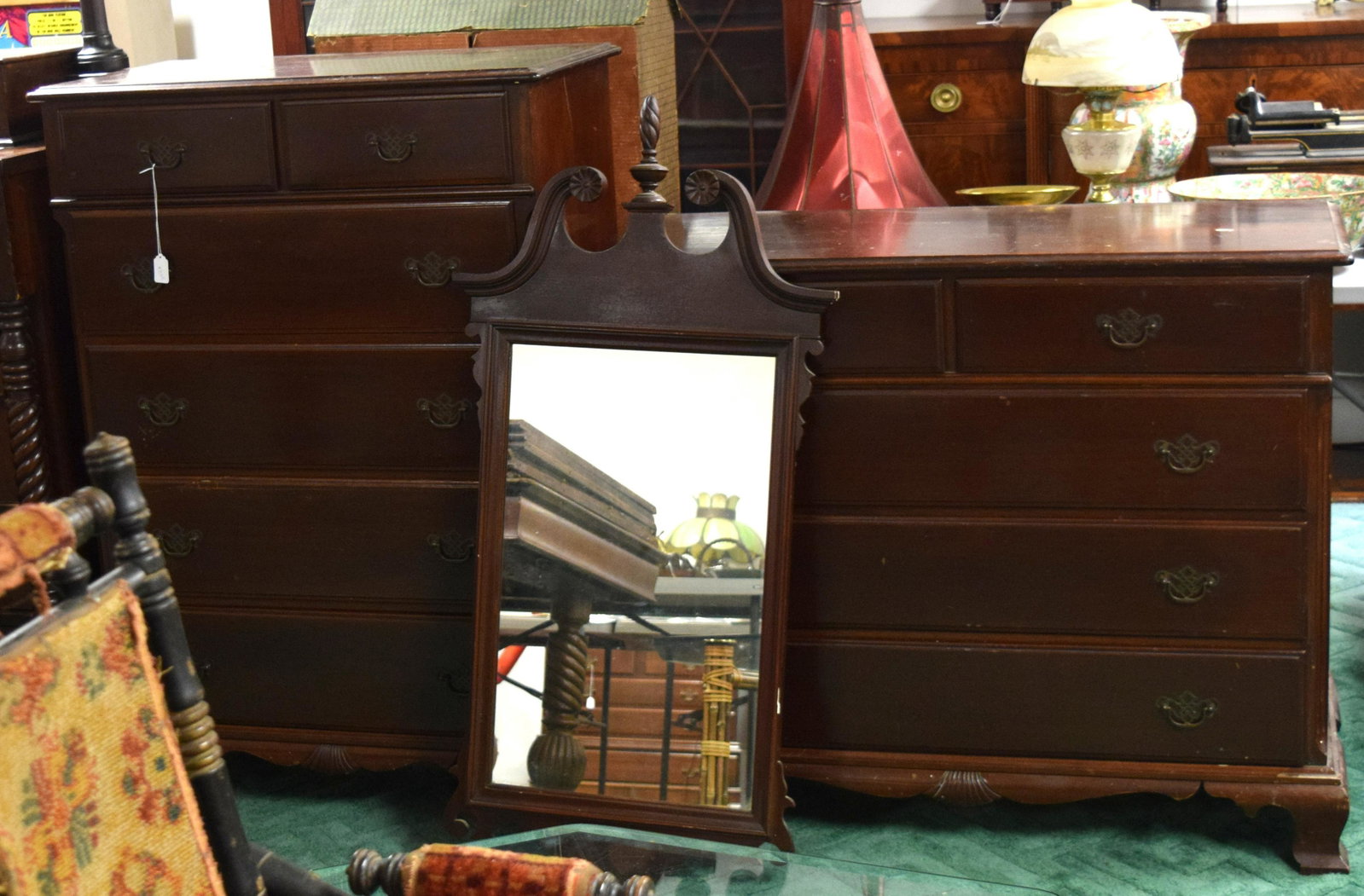 2 PIECES MAHOGANY BEDROOM CHEST WITH MIRROR: Ca 1930's or 1940s two piece matching chests. Low chest and tall chest. Chippendale style. Various scratches and minor damage.