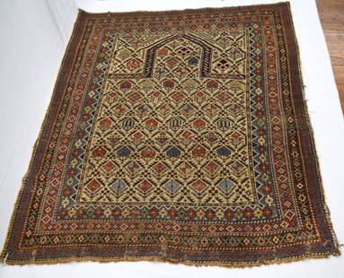 ANTIQUE ORIENTAL SHIRVAN PRAYER RUG: 19th century. Early Oriental Prayer rug, detailed borders and very detail field. Colors good. 49 inches x 58 inches. Wear & small edge tear.