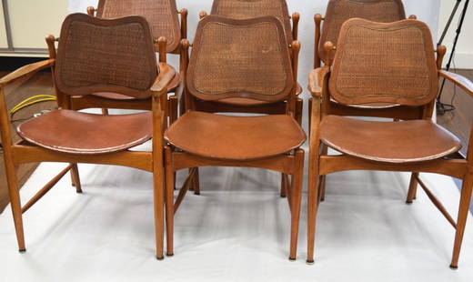 ARNE VODDER DINING CHAIRS with TILTING BACKS: Set of 6 walnut Danish modern mid-century dining chairs chairs by Arne Vodder. 32 inches x 19 inches x 19 inches. Set consists of two arm chairs and four side chairs. Retail by Lane