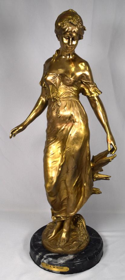FRENCH SILVERED BRONZE SCULPTURE AFTER MOREAU: After Auguste Moreau (1822-1912). Depicting a standing female. Mounted on circular black and grey marble base. Signed Auguste Moreau on silvered bronze with metal tag on base. Height 29 1/2 inches. Go