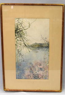 CHEN CHI CHERRY TREE WATERCOLOR PAINTING: Chinese/American, 1912-2005. Signed and dated lower right corner. Watercolor painting on paper. Original frame, matt, and label 1974 price $800 on verso. Image 11 1/2 inches x 21 1/2 inches. Signed