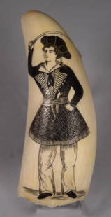 19TH C SCRIMSHAW WHALE'S TOOTH ALWILDA:: Antique whale's tooth with detailed scrimshaw depicting "Alwilda", 1837 female pirate. Her story is among the myths and legends of early 19th century female pirates. Detailed scrimshaw of Alwilda