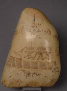 19TH C SCRIMSHAW BULL WHALE'S TOOTH/C.S.S. ALABAMA: Large early whale's tooth depicting the USS Alabama, sloop-of-war built in 1862 for the Confederate States Navy at Birkenhead on the River Mersey opposite Liverpool, England by John Laird Sons