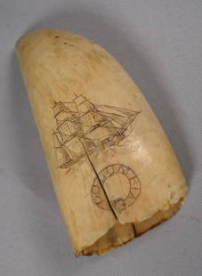 19TH C LARGE DOUBLE SIDED SCRIMSHAW WHALE'S TOOTH/: Large early whale's tooth depicting a three mast ship COLUMBIA. Double sided. Measures approximately 6 inches long. Approximately 378 grams. Stress crack.