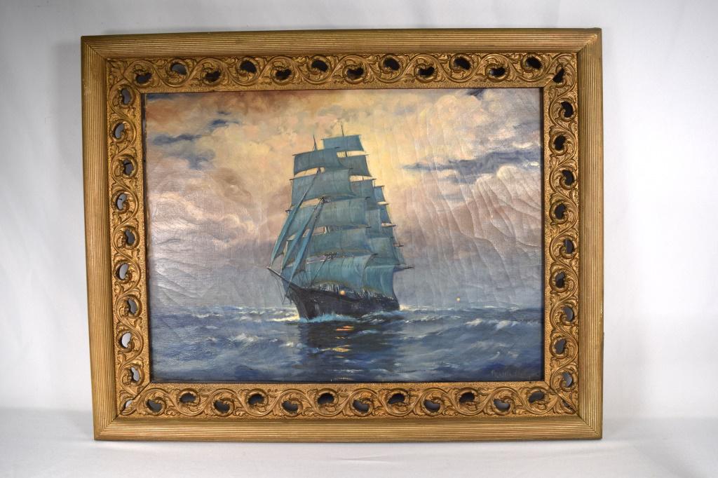 NAUTICAL OIL PAINTING: Tall three mast ship in the open sea at dusk or dawn. Reflection from a fire light on board. Signed lower right Frank H?. Image 18 inches x 24 inches. Overall craquelure and one small spot of paint lo