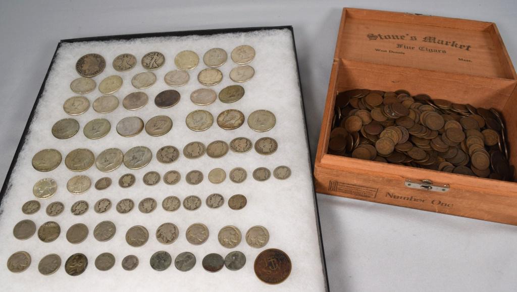 ASSEMBLED US COINS: Consisting of one morgan silver dollar, 16 silver half dollars, 12 key date Kennedy half dollars, 7 silver quarters, 19 silver dimes, 12 nickels, 3 cent silver piece, silver nickel, 4 steel pennies, C