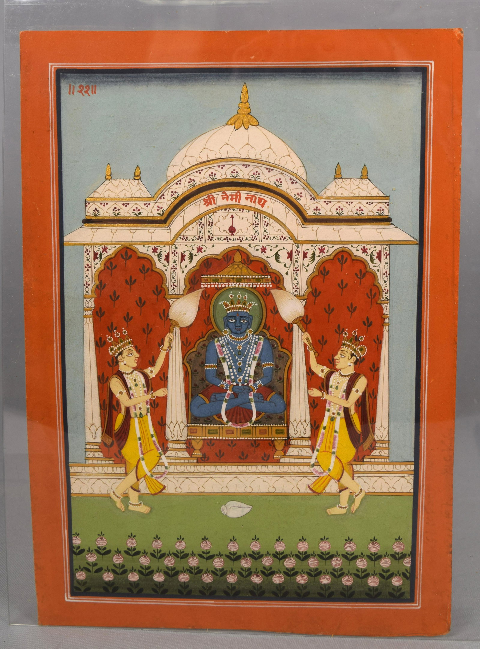 JAIN TIRTHANKARA MINIATURE INDIAN PAINTING: Indian Jain Tirthankara painting. Udaipur school gouche heightened with gold on paper. 7 1/4 x 10 1/2 inches. Devnagiri script suggest the name of Lhe Tirlhtankara. Devnagiri script above mainalter re