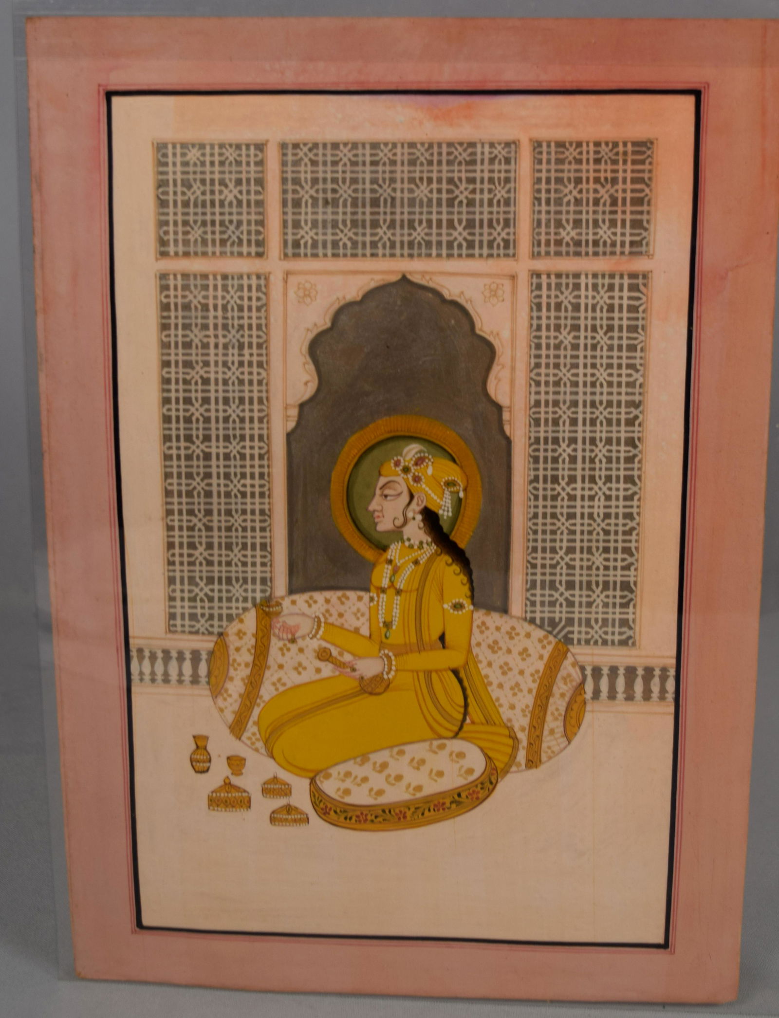 INDIAN MINIATURE PAINTING KISHANGARH SCHOOL: Seat queen. Kishangarh school painting style evolved around 18th century in the princely state of Kishangarh in Rajasthan. The school is clearly distinguished by the facial style and itsreligious inte