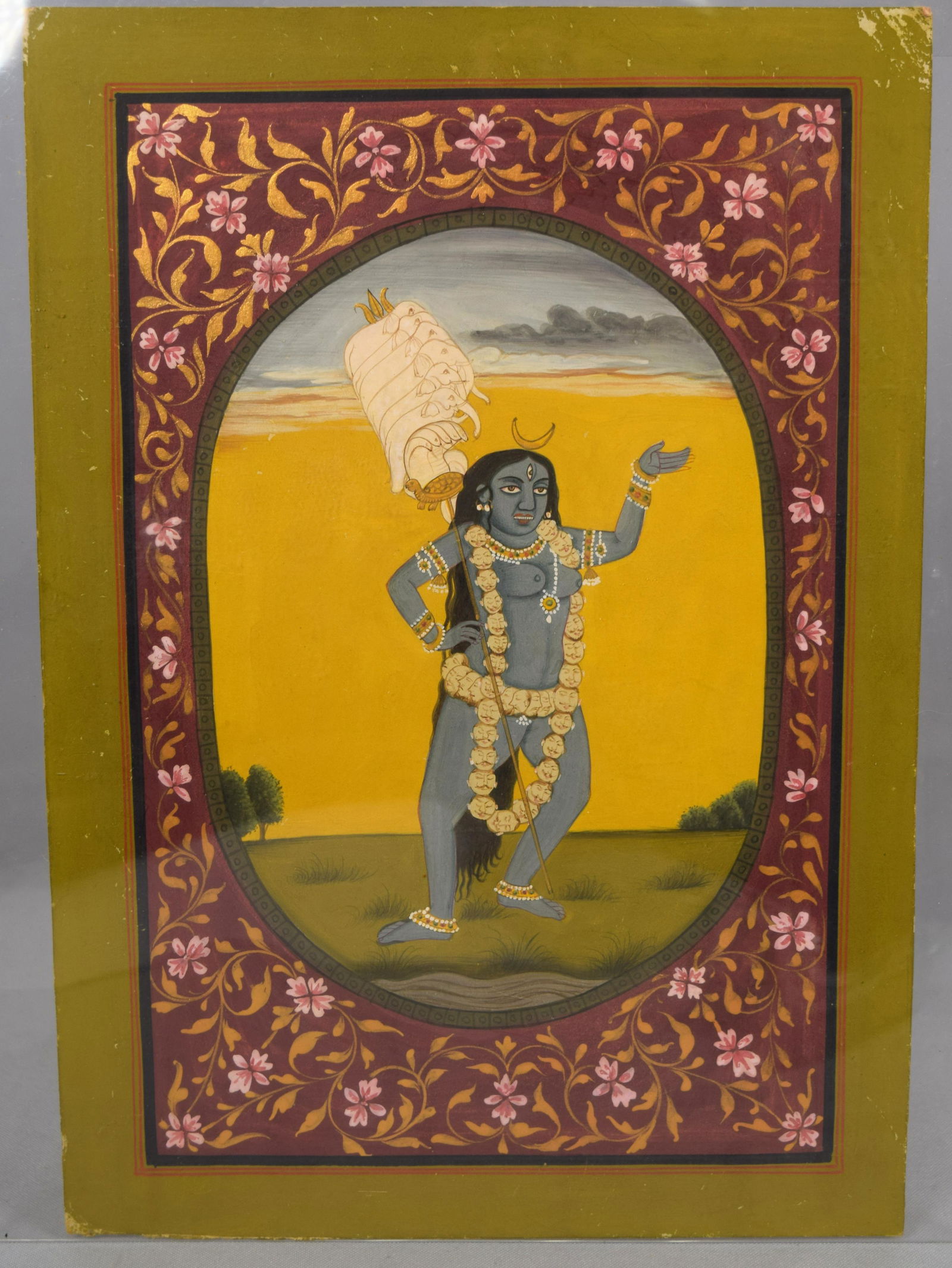 INDIAN MINIATURE PAINTING OF SHIVA-PAHARI SCHOOL: Pahari school developed with distinct styles of painting in small towns like Chamba, Guler, Kangra, Basholi on the foothills of Himalayas since 16th century. Here Shiva is seen taking the form of Godd
