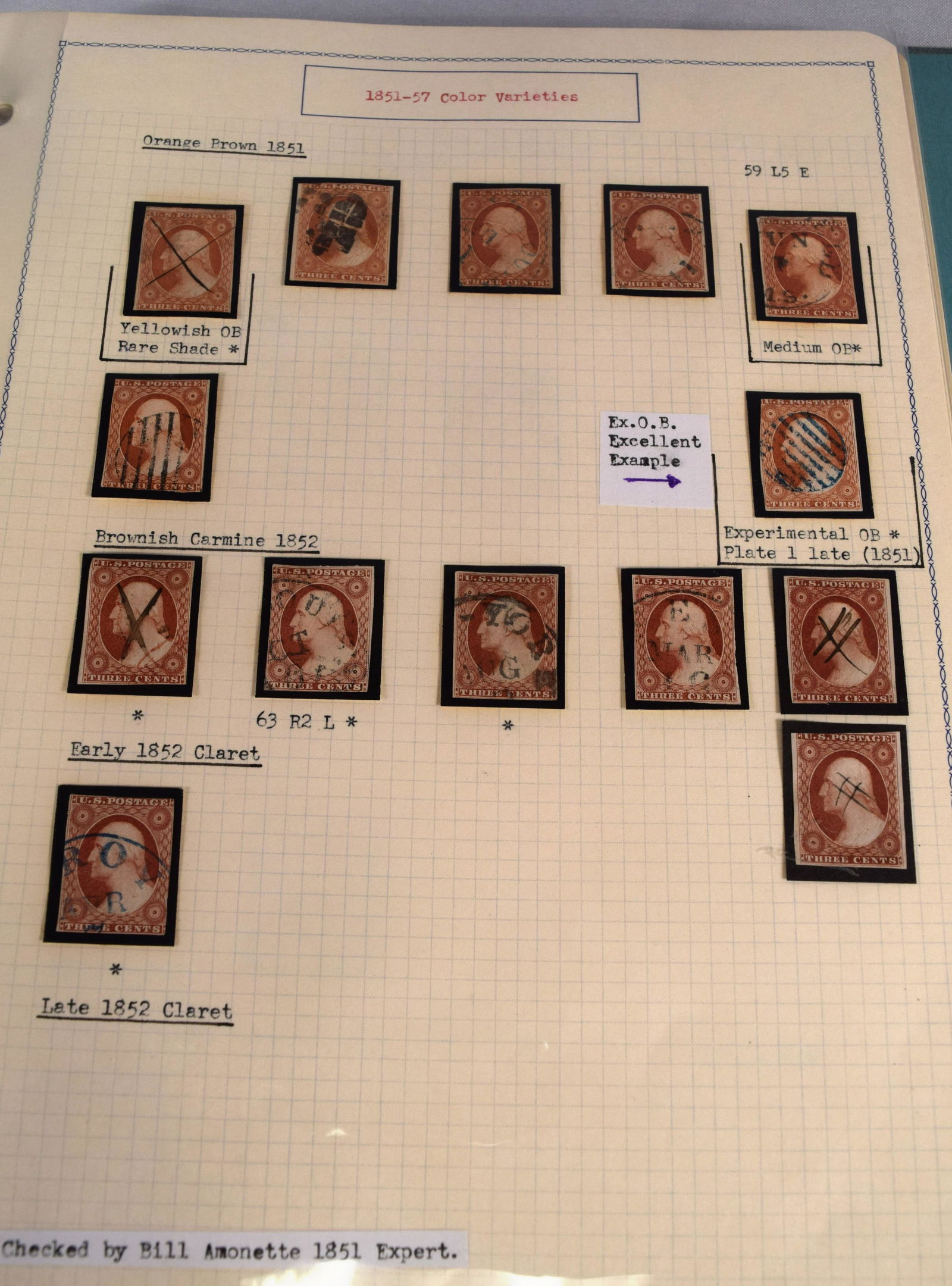 3 CENT WASHINGTON COLOR VARIETIES OF STAMPS: Consists of 198 identified three cent color varieties 3 cent Washington stamps with various cancels. Scott #11 and #26 and #65. 19 pages in 1970s blue binder with identified old typewriter description