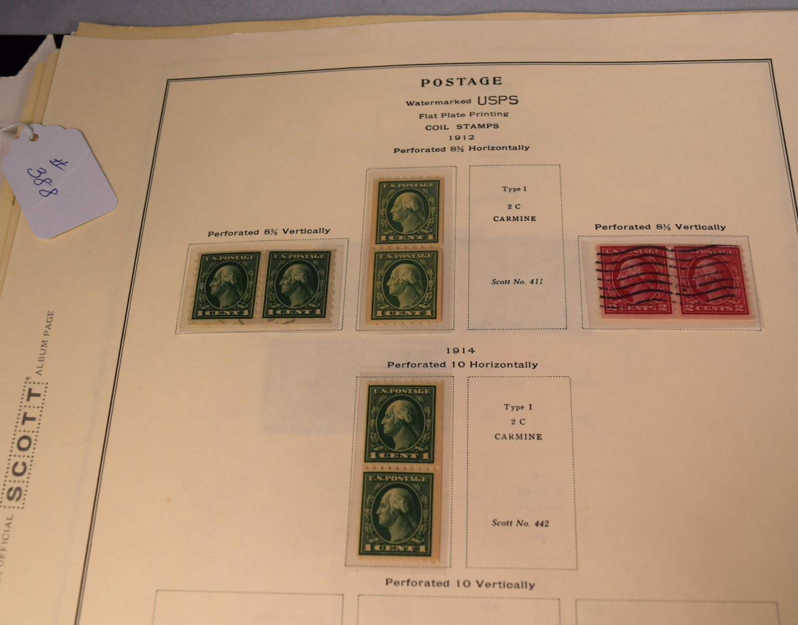 1912 ISSUE COIL AND WATERMARK STAMPS: Consists of eight pages. Total of 111 stamps. 22 one cent stamp, 25 two cent, 6 seven cent stamp, 5 eight cent stamps, 4 nine cent, 5 ten cent, 5 twelve cent. 5 fifteen cent, 4 twenty cent, 4thirty ce