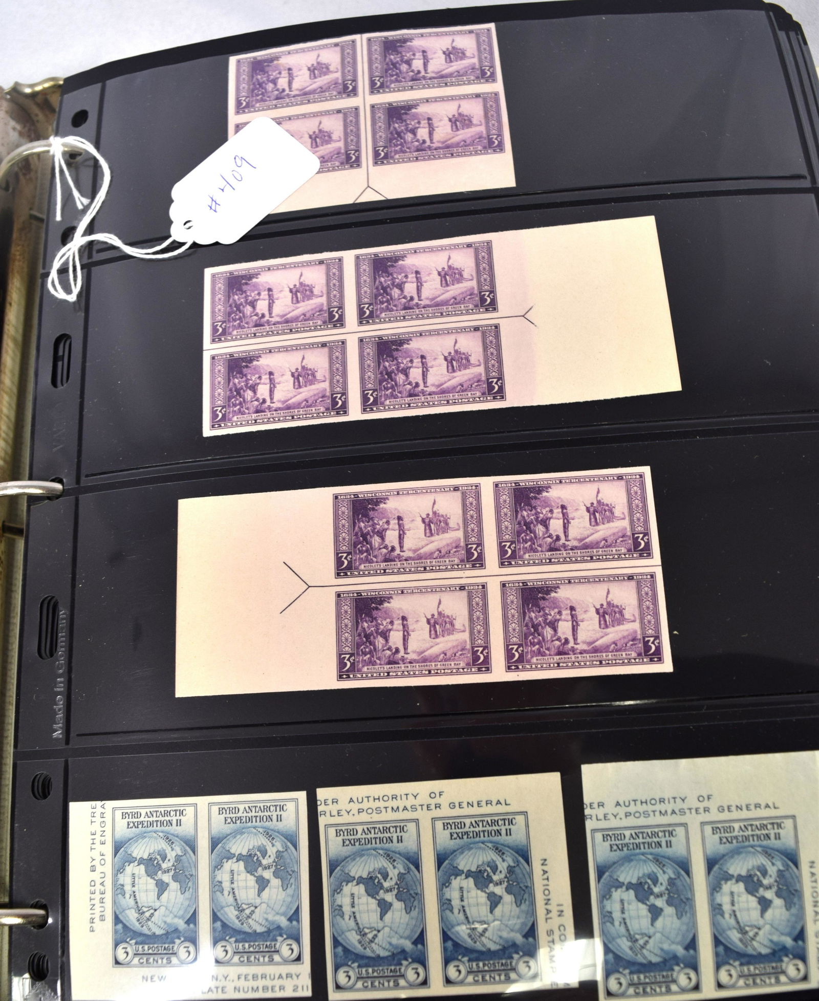 689 US STAMP PLATES: Consists of 64 pages double sided for total 128 pages. Very few single stamps, 98% blocks. Approx. 689 blocks in unused condition. Most blocks 4 to six. Approx. 3400 US stamps, this is a guess. Most s