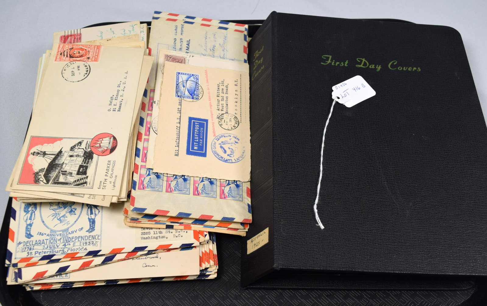 253 MISC. AIR MAIL AND FIRST DAY COVERS: Consists of 60 air mail covers 1930s. 1 Zeppelin cover in German 1929, 7 large air mail covers 1930s, 7 large first day covers 1930s. 39 air mail covers in black album 1929-1950s. 139 loose first day 