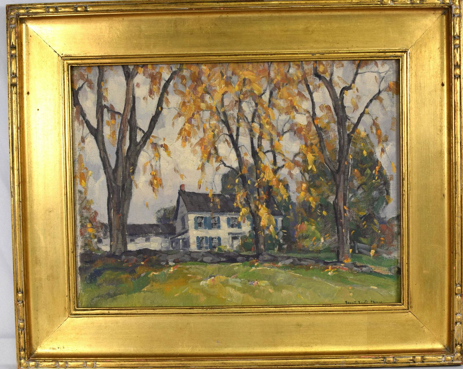 FRANK S. CHASE LANDSCAPE IN NEWCOMB-MACKLIN FRAME: Oil on artist board. Image 12 inches x 16 inches. Frank Swift Chase, American, 1886-1958. Depicting a New England house with stone wall in fall setting. Signed "Frank Swift Chase" lower right,. Newcom
