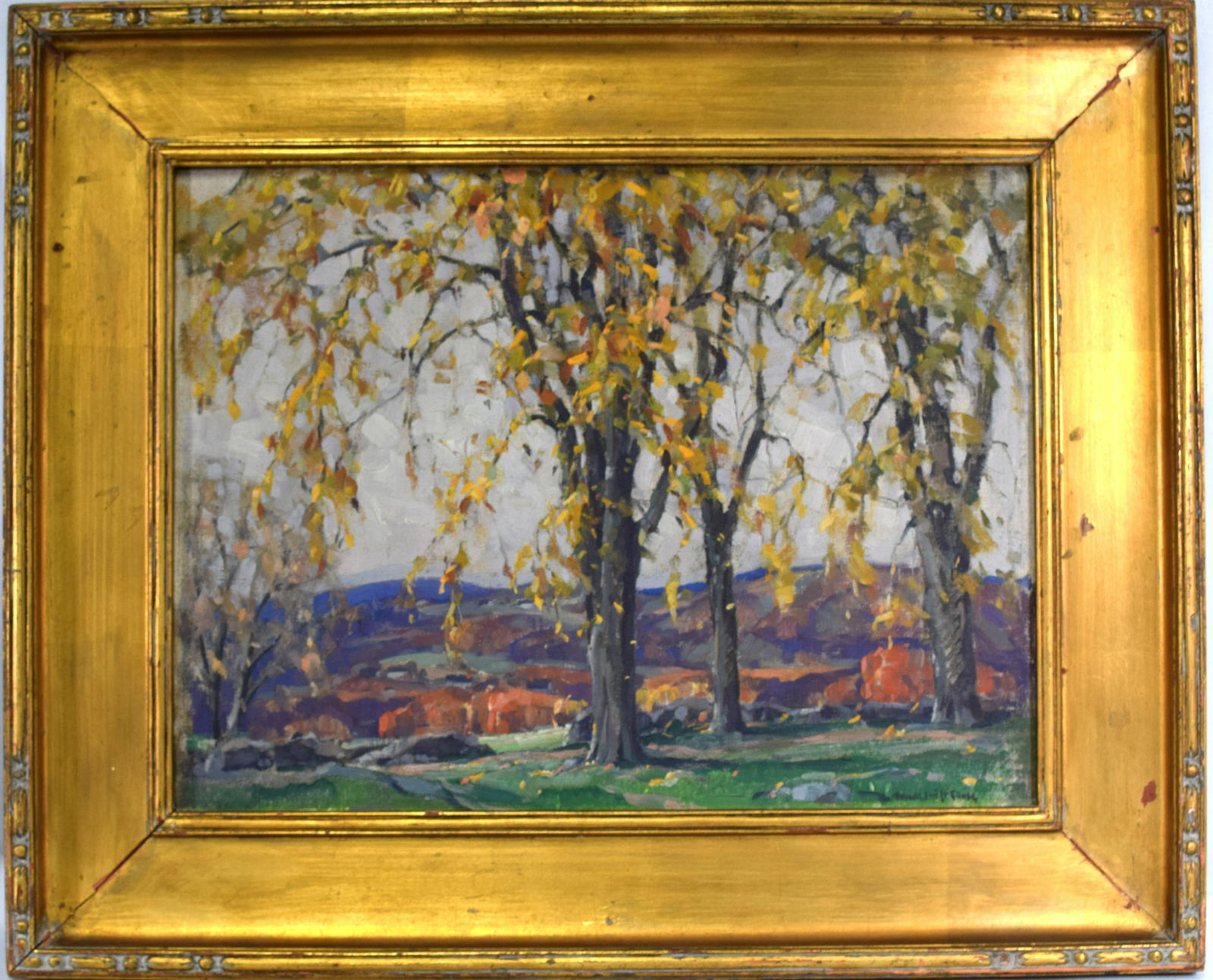 FRANK S. CHASE LANDSCAPE IN NEWCOMB-MACKLIN FRAME: Oil on artist board. Image 12 inches x 16 inches. Frank Swift Chase, American, 1886-1958. Depicting a New England landscape in fall setting. Signed "Frank Swift Chase" lower right,. Attib. Newcomb-Mac