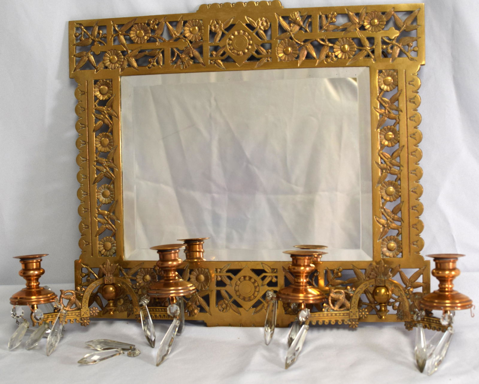 19TH VICTORIAN BRASS BEVEL WALL MIRROR & SCONCE: Large mirror 23 inches wide x mirror 18 inchesx 15 inches tall. Bevel mirror. Four light. Good condition
