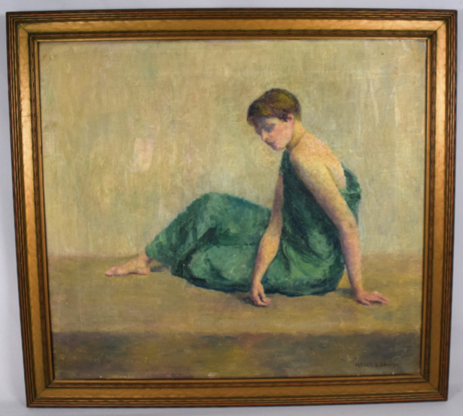 MABEL B. DAVIS IMPRESSION WOMAN OIL PAINTING: Ca 1920-1940. Mabel Davis American listed artist 1860-1950. Oil on canvas of woman in green dress. New Bedford school of design, student of Frank Linton, Linton studied under Thomas Eakins. Signed low