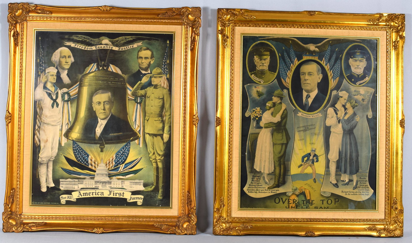 TWO ORIGINAL WW I POSTER, WOODROW WILSON 1918: 1) Original World War I "America First" poster by Charles Gustrine originating from 1918. The poster displays Woodrow Wilson on the liberty bell with an Army soldier saluting on the right and a Navysa