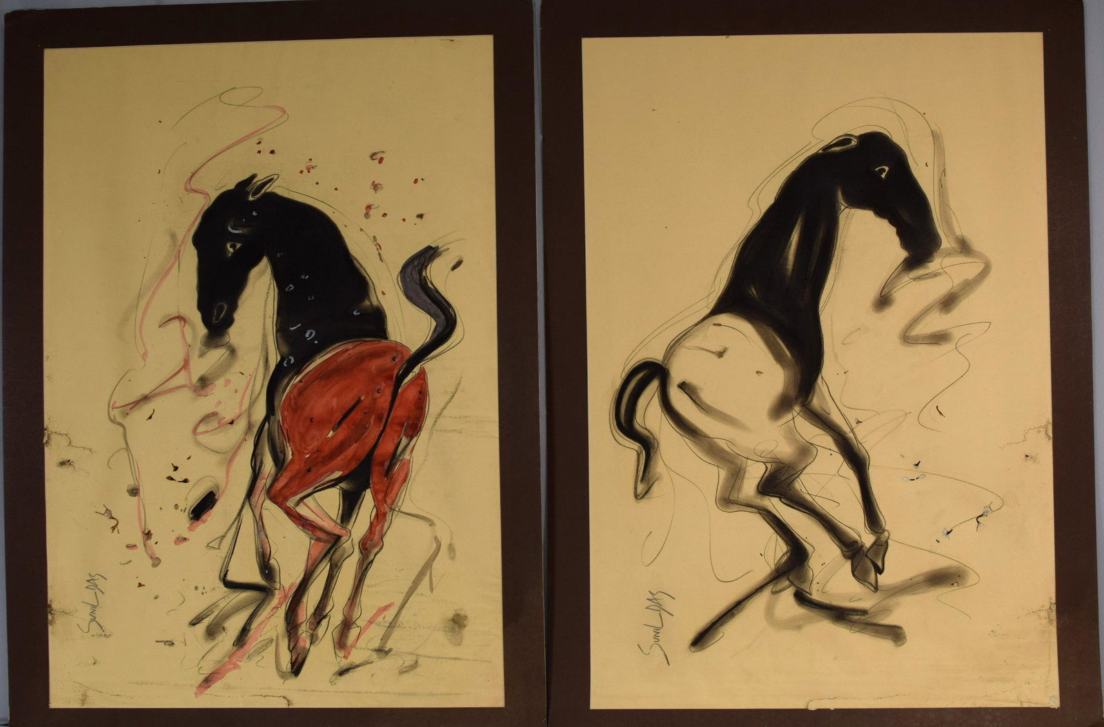 SUNIL DAS PAIR WATER COLOR PAINTINGS:: Sunil Das (India 1939-2015) two watercolor painting of horses. Sunil Das was an Indian Expressionist painting. He is known for the paintings in Bull series. In 2014 he was awarded Padma Shri by Govern
