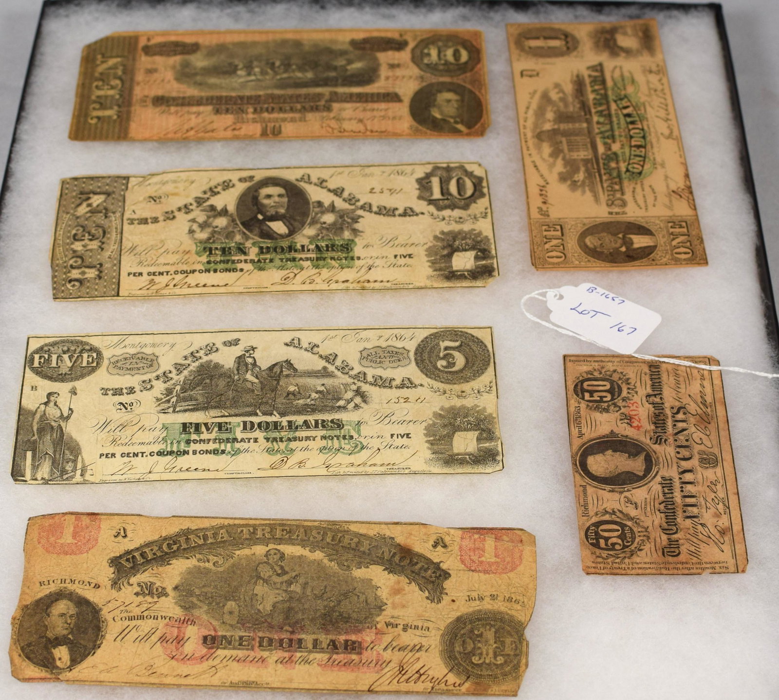 US CONFEDERATE 19TH CENTURY PAPER CURRENCY: 5 items. 1) 1864 Confederate States Richmond 10 dollars bearer bill. Missing one corned and circulated. Good condition. 2) 1864 Alabama 10 dollars bearer bill. Fold mark and corner loss. 3) 1864 Alaba